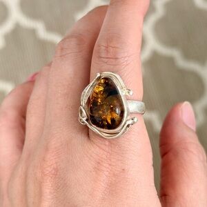 Sterling Silver and Amber Ring size 11